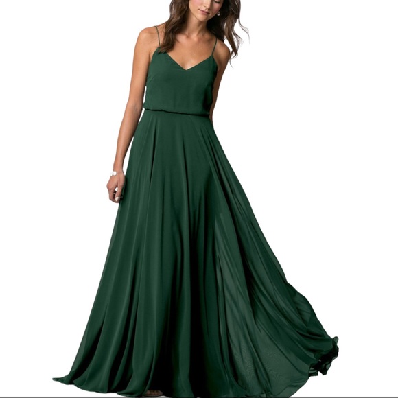 New BHLDN x Jenny Yoo Inesse 4 / Sm Green Chiffon V-Neck Circle Skirt Maxi Gown - Picture 6 of 8